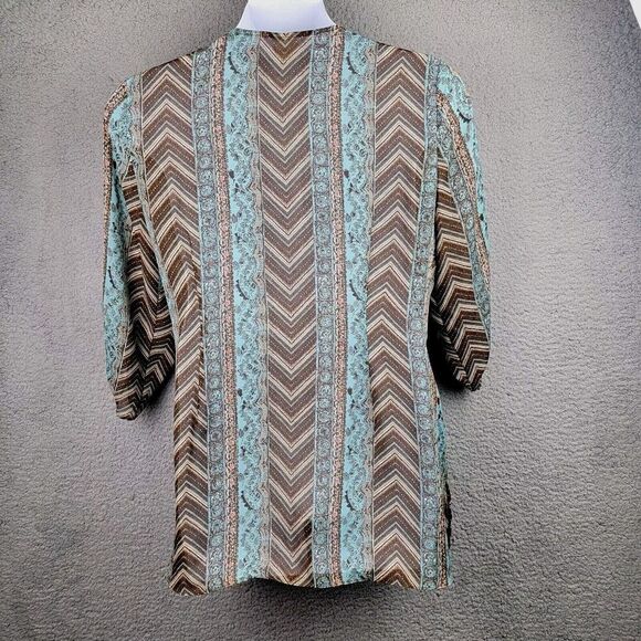Emma James Top Womens Large Turquoise Brown Sheer Button-Up Lagenlook - Picture 2 of 14